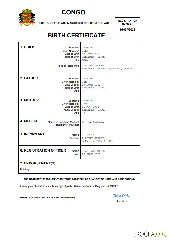 Acte d'état civil du Congo Modèle Word et PDF